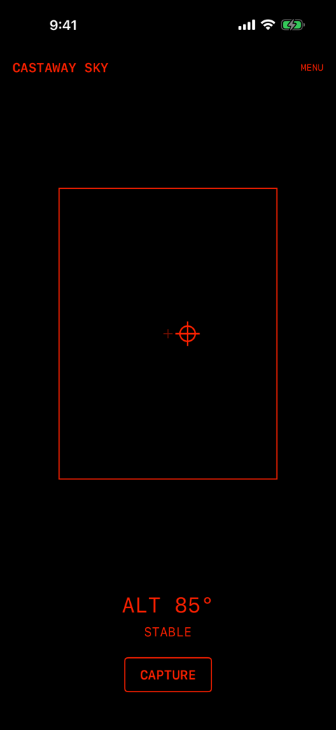 Aim の画面。枠と天頂の十字、ALT 85°、STABLE、CAPTURE