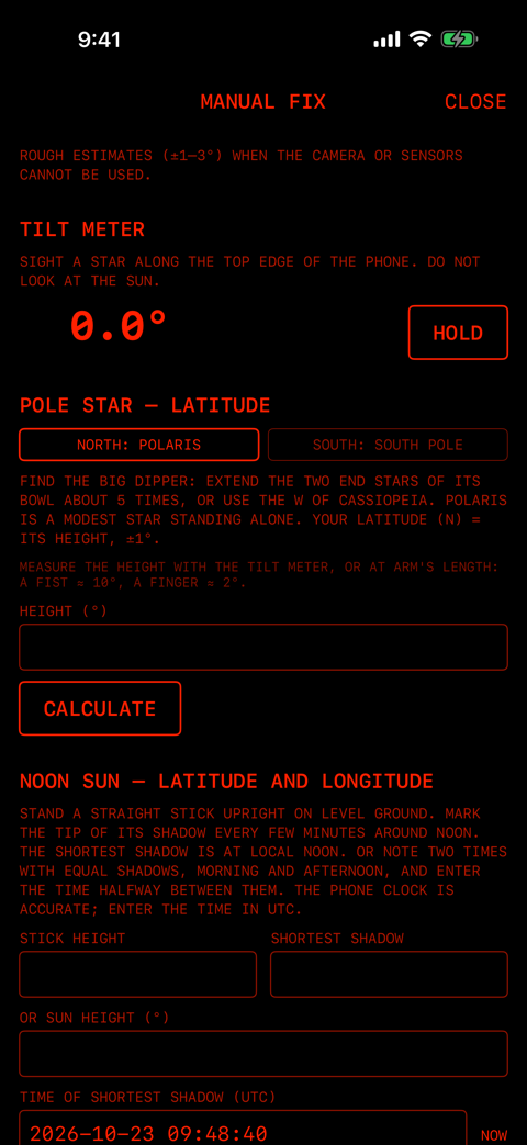 MANUAL FIX の上の部分。TILT METER と HOLD、POLE STAR、NOON SUN