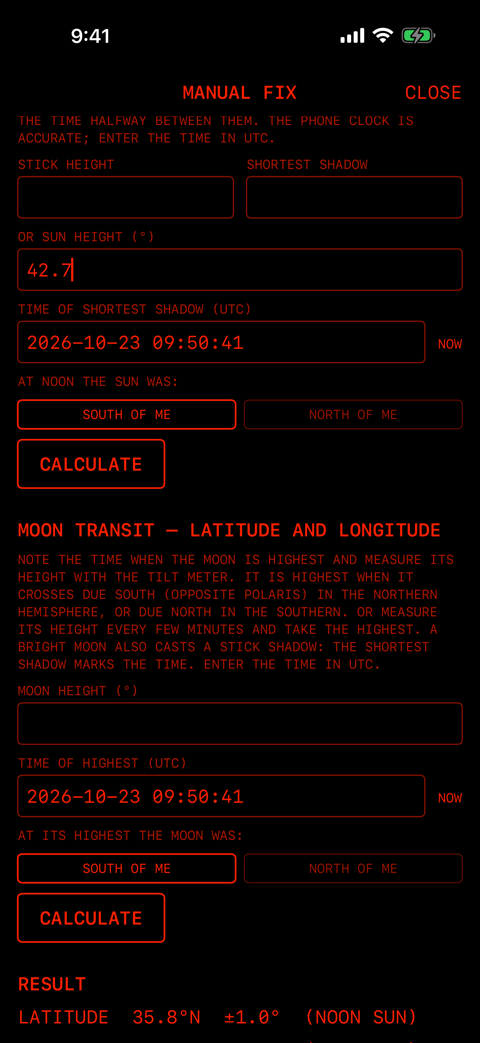 NOON SUN の欄。SUN HEIGHT 42.7、時刻、AT NOON THE SUN WAS、CALCULATE