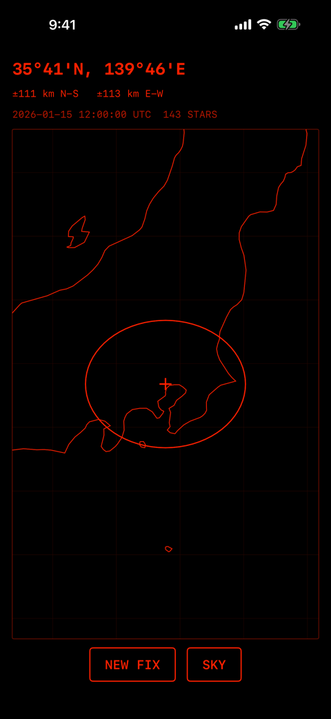 Plot の画面。35°41'N, 139°46'E、±111 km N-S ±113 km E-W、地図と誤差の楕円