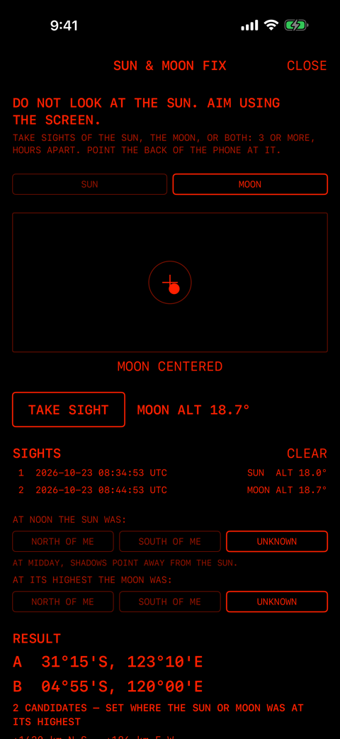 MOON を選んで月を測ったところ。MOON CENTERED、MOON ALT 18.7°