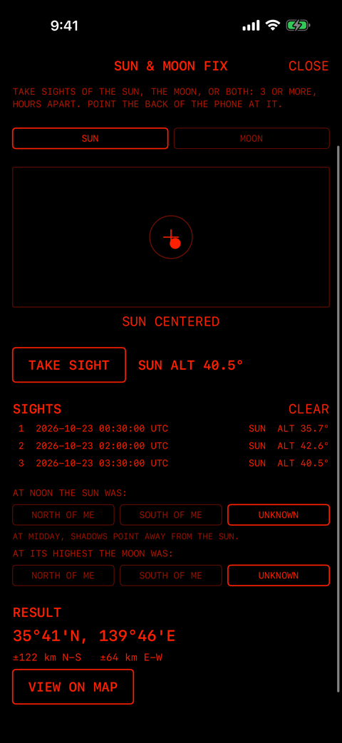 太陽を 3 回測ったところ。SIGHTS の 3 行、手がかり、RESULT 35°41'N, 139°46'E、VIEW ON MAP
